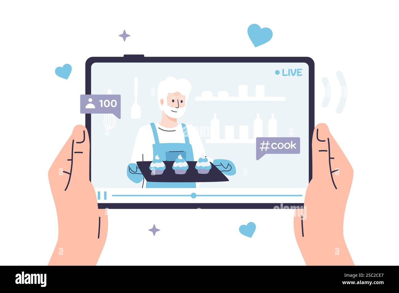 Illustration vectorielle d'une personne regarde une recette vidéo sur une tablette où un blogueur alimentaire homme âgé fait des muffins. Les mains tiennent une tablette dessus Illustration de Vecteur