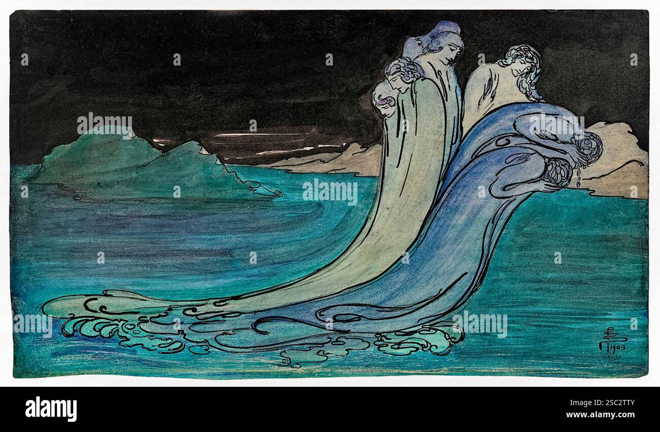 Illustration aquarelle de la vague 1903 de l'artiste britannique Pamela Colman Smith (1878-1951) montrant des figures éthérées émergeant de vagues océaniques stylisées dans un style Art Nouveau. Crédit : Whitney Museum of American Art / Universal Art Archive Banque D'Images