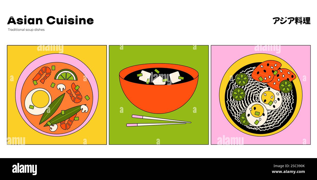 Soupes asiatiques traditionnelles. Bols à soupe de dessins animés avec tom Yum thaïlandais épicé, pho bo vietnamien avec nouilles, soupe miso avec sauce tofu soja et épices. Vecteur Illustration de Vecteur