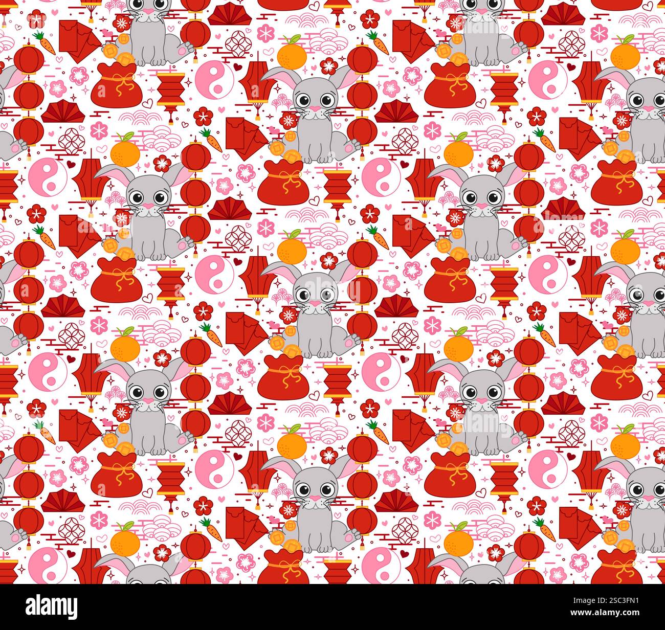 nouvel an chinois éléments sans couture motif lapin 2035. Illustration de ligne graphique vectorielle de festival lunaire de lanterne Illustration de Vecteur