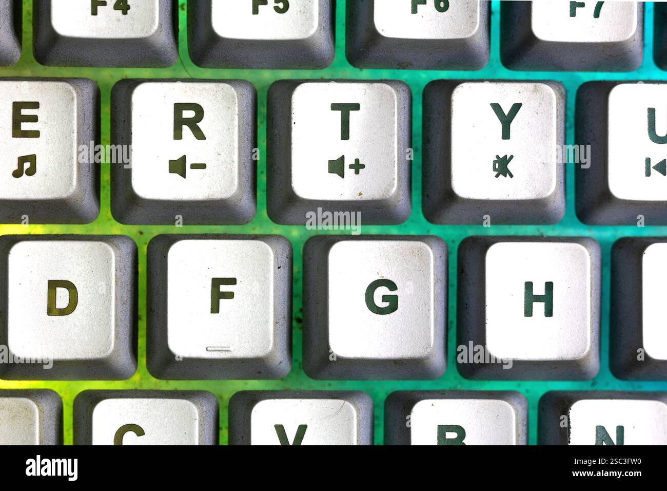Photo détaillée de la touche du clavier avec rétroéclairage de couleur jaune et vert Banque D'Images