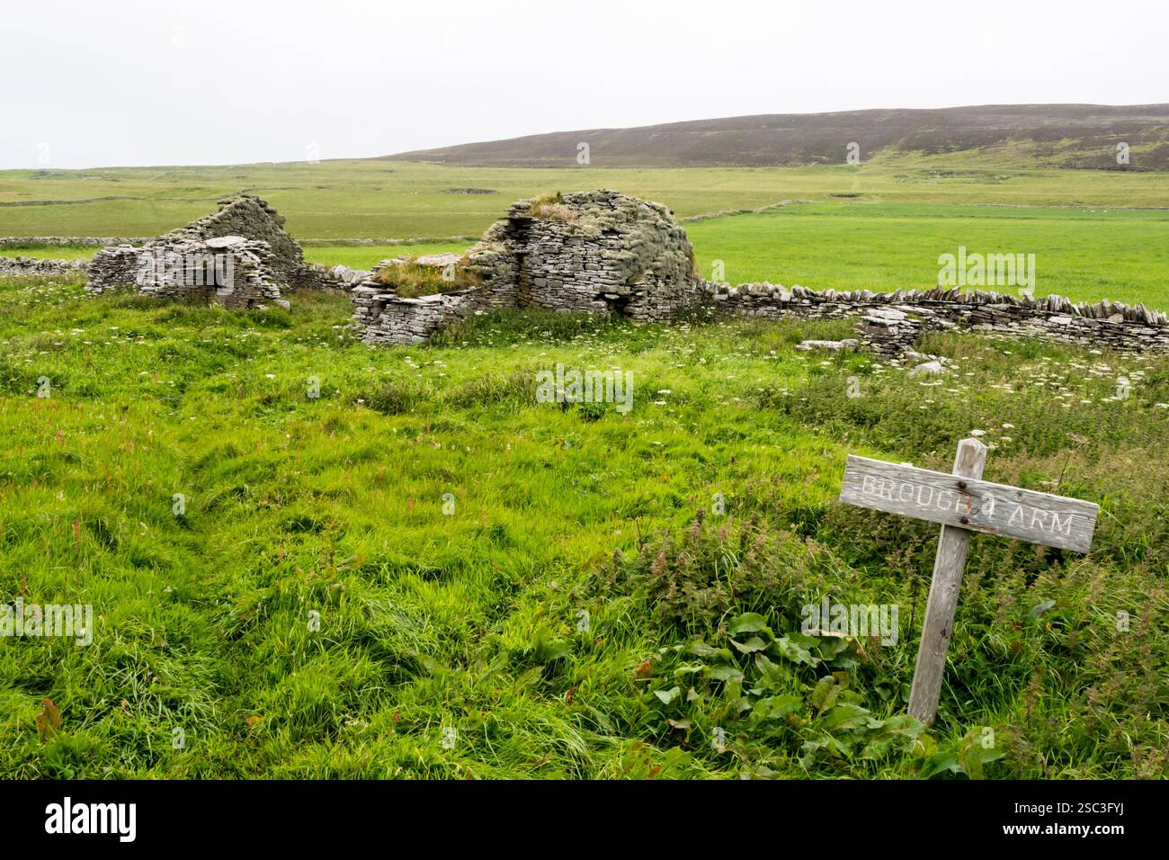 Les ruines de la ferme Brough sur Rousay, Orcades, avec des restes de four circulaire de séchage de grain. Banque D'Images