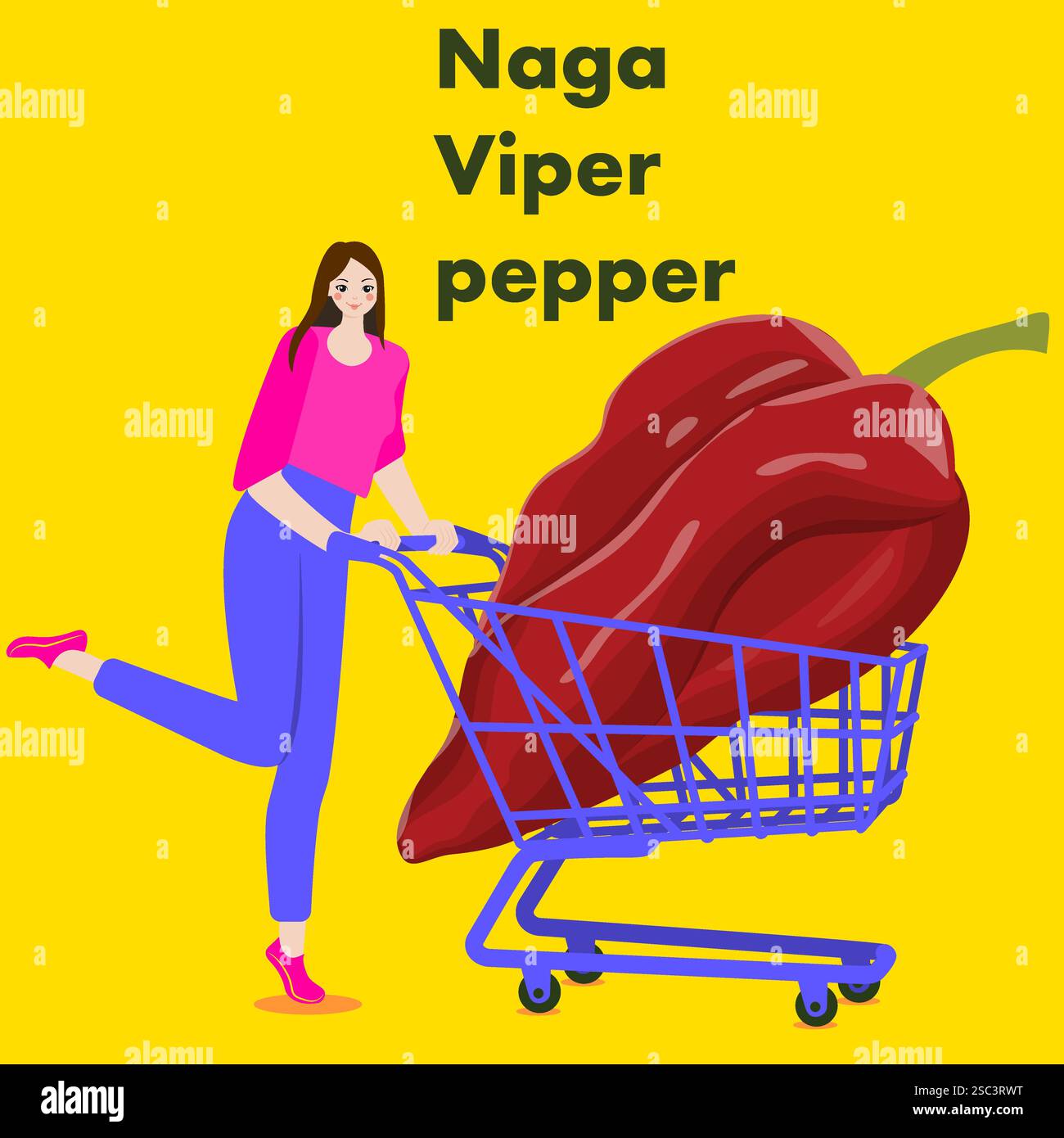 Une femme tient un chariot avec des poivrons Naga Viper. Piments. Illustration vectorielle isolée. Illustration de Vecteur