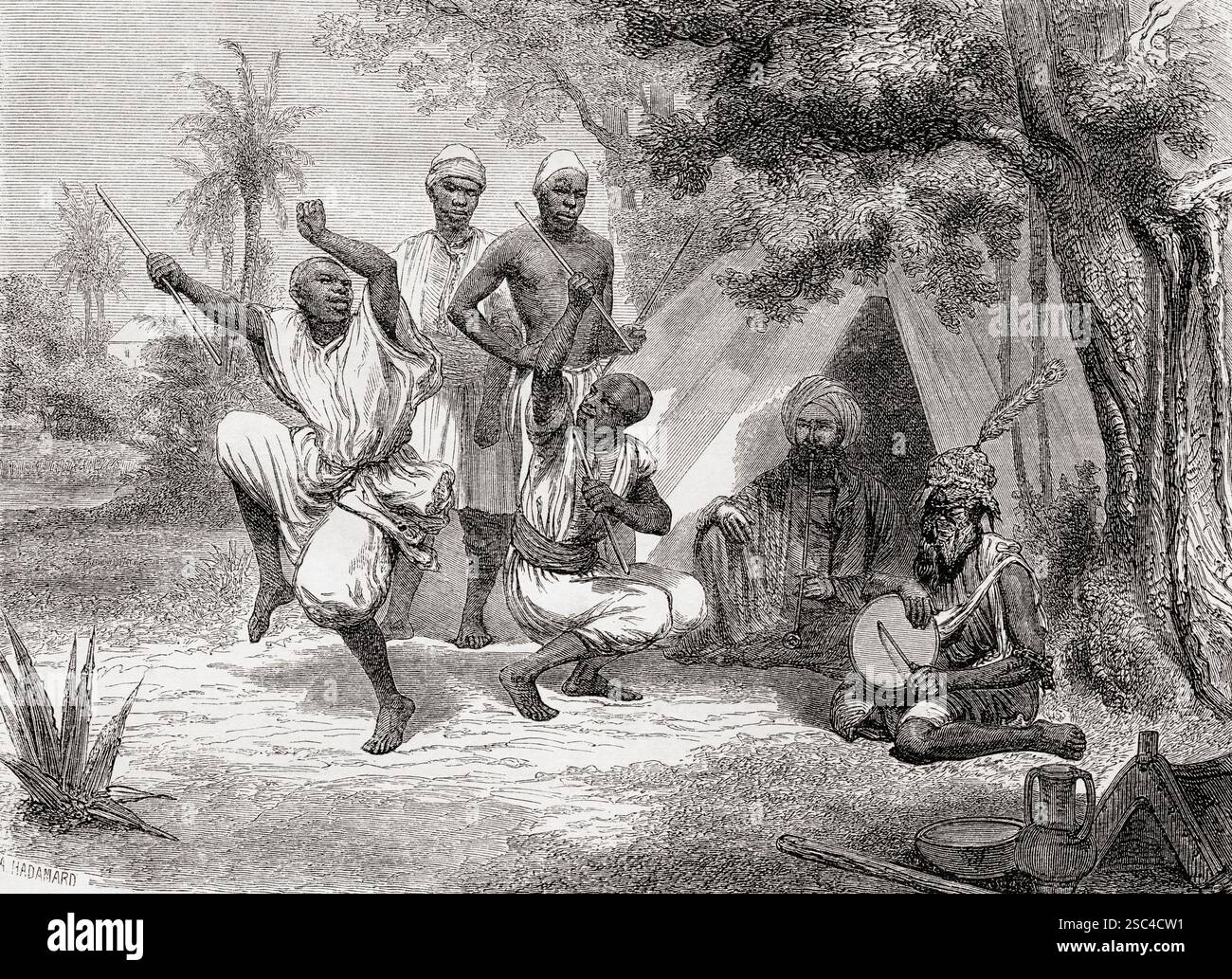 Danse ethnique africaine à Ezzeribé, XIXe siècle. De promenades en Tripolitaine, Afrique du Nord par Alexander, Baron Krafft, alias Hadji, 1835 - 1904. En vedette dans le Tour du monde, publié en 1861. Banque D'Images
