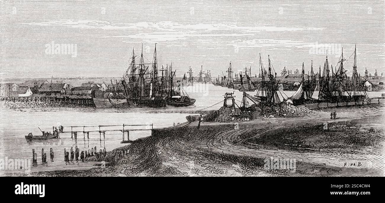 Port de Melbourne, Melbourne, Victoria, Australie, XIXe siècle. Extrait de souvenir d'un squatter Francais en Australie ou mémoire d'un squatter français en Australie, 1854 - 1859, par Hubert de Castella, 1825 - 1907. Swiss - écrivain australien, artiste et vigneron. En vedette dans le Tour du monde, publié en 1861. Banque D'Images