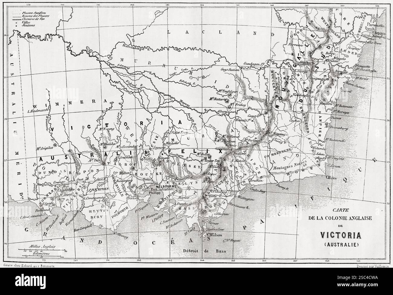 Carte montrant la colonie anglaise de Victoria, Australie, XIXe siècle. Extrait de souvenir d'un squatter Francais en Australie ou mémoire d'un squatter français en Australie par Hubert de Castella, 1825 - 1907. Swiss - écrivain australien, artiste et vigneron. En vedette dans le Tour du monde, publié en 1861. Banque D'Images