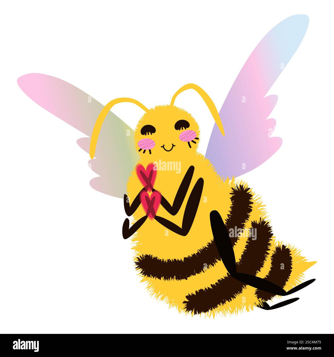 Personnage d'abeille moelleux avec ailes teintées arc-en-ciel volant et tenant des coeurs. Bee de dessin animé romantique. Illustration vectorielle isolée fantaisiste et stylisée Illustration de Vecteur