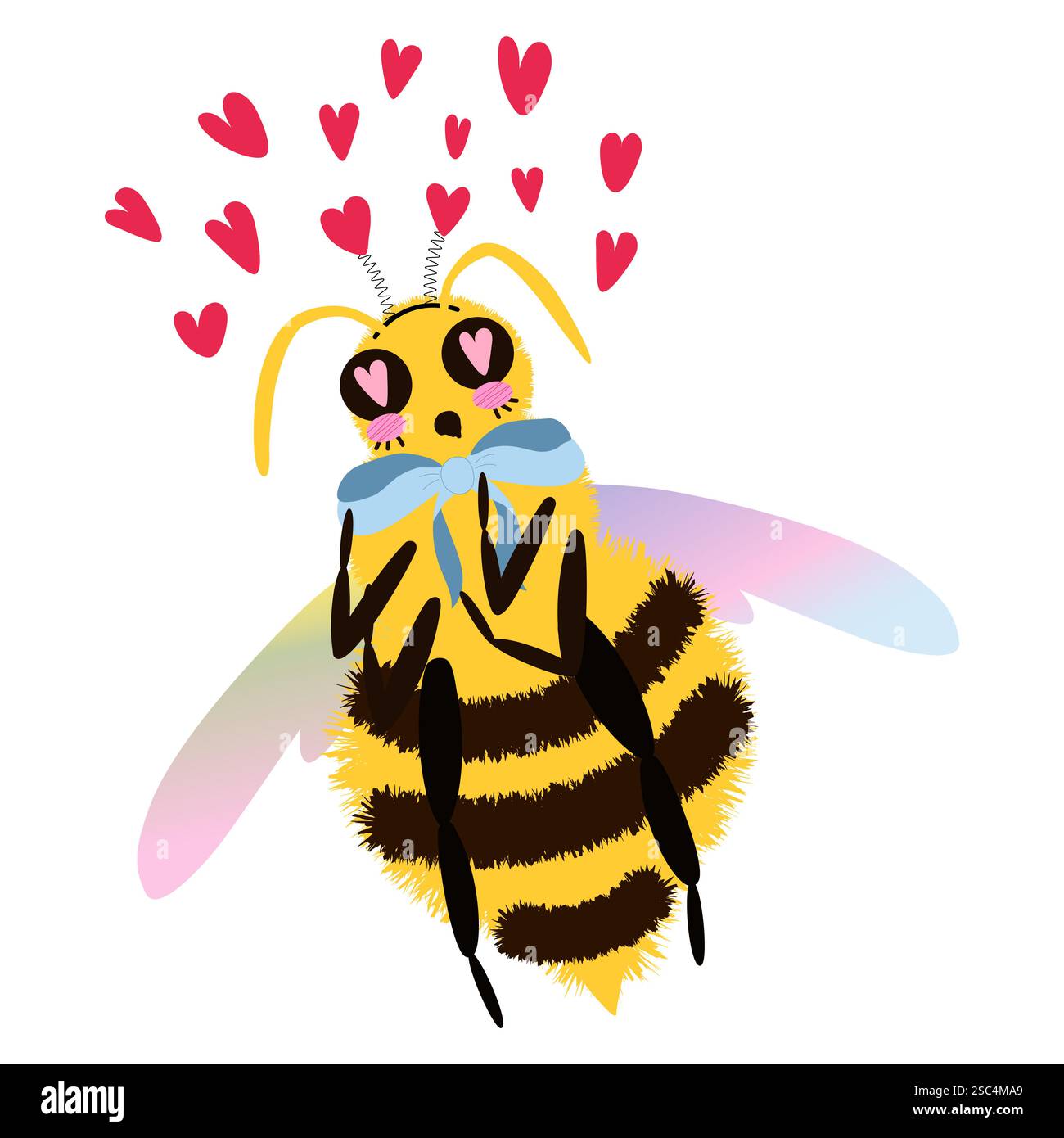 Personnage d'abeille moelleux et romantique avec ailes teintées arc-en-ciel avec des coeurs. Abeille de dessin animé expressif. Illustration vectorielle isolée fantaisiste et stylisée Illustration de Vecteur