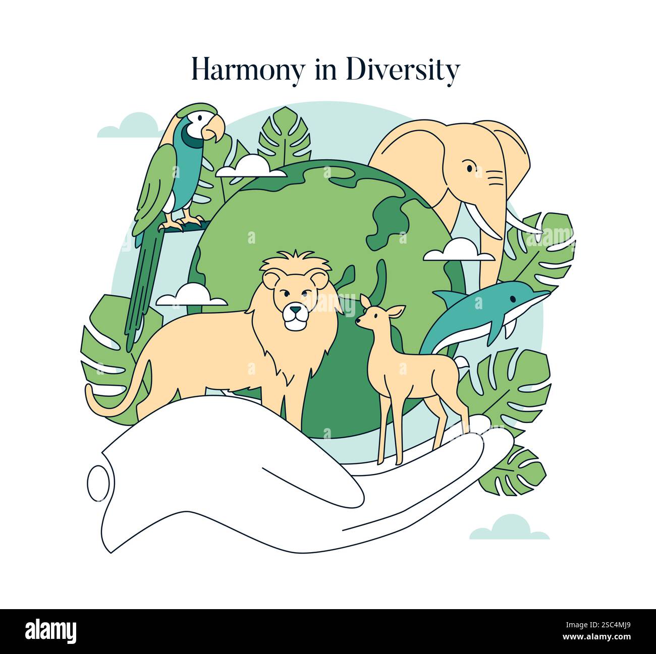 Illustration de la Journée de la protection de la faune. Célébrer la diversité de la faune de notre planète, en soulignant l'interdépendance des espèces et l'importance des efforts de conservation pour un avenir durable. Le visuel présente divers animaux soutenant l'harmonie dans la nature, tous tenus dans une main protectrice, transmettant le soin et la responsabilité de l'environnement. Illustration vectorielle. Illustration de Vecteur