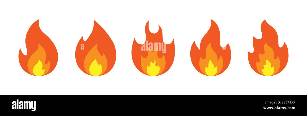 Icône incendie définie. illustration vectorielle. icône de feu orange et jaune, icône de feu animé dans un style différent. Illustration de Vecteur