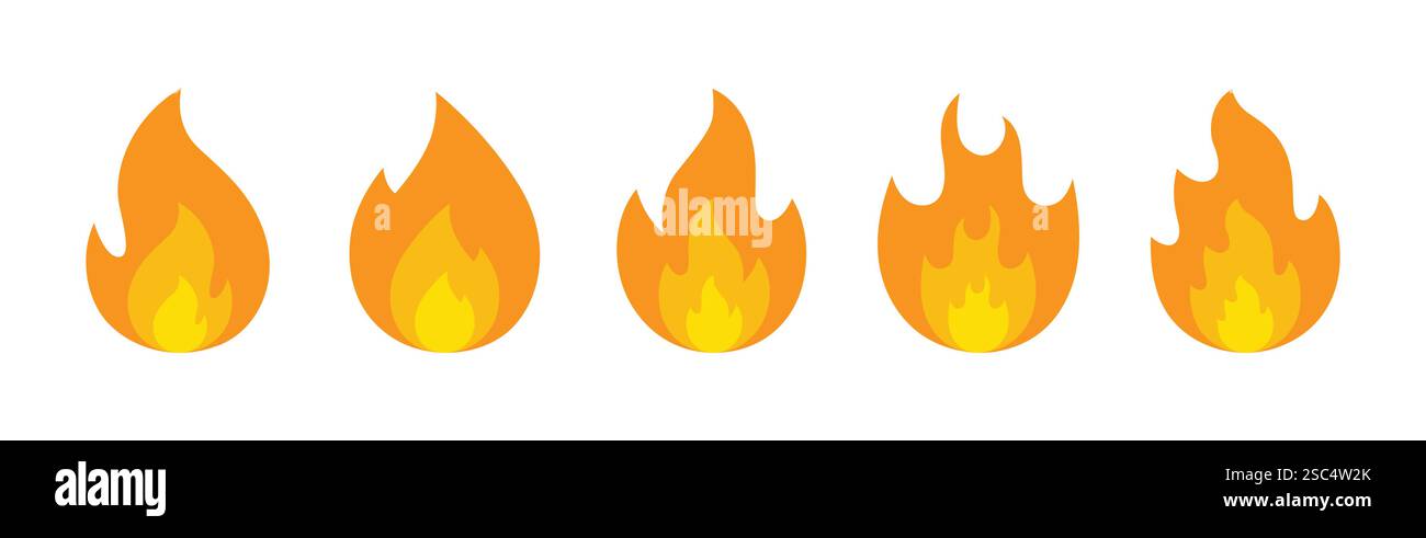 Jeu d'icônes de feu, illustration vectorielle, icône de feu jaune, icône de feu animé dans un style différent. Illustration de Vecteur