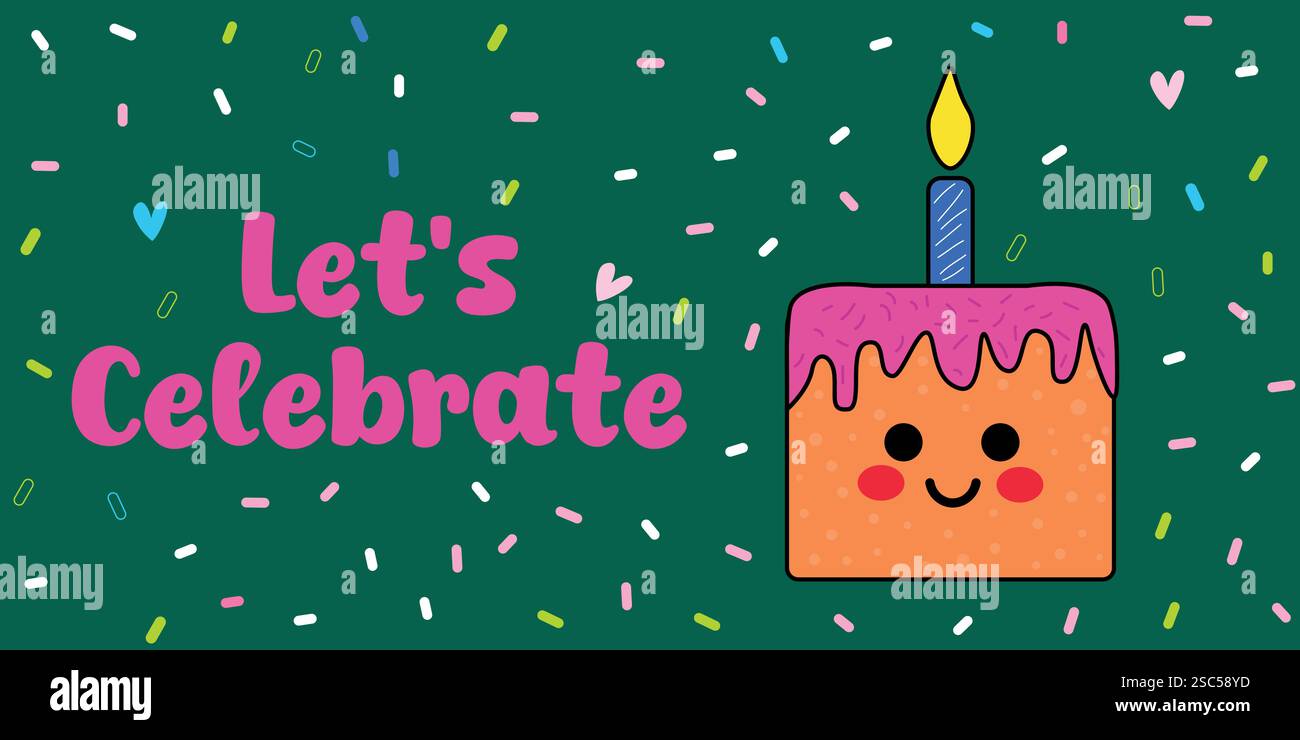 Illustration de célébration amusante avec un gâteau mignon et des détails de confettis colorés Illustration de Vecteur