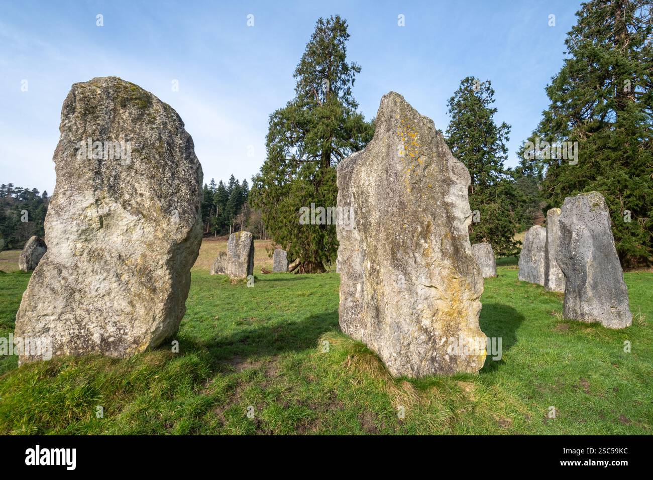 Les Dragonstones sur Hascombe Hill, un cercle de pierre moderne dans le paysage national de Surrey Hills, Surrey, Angleterre, Royaume-Uni, pendant l'hiver Banque D'Images
