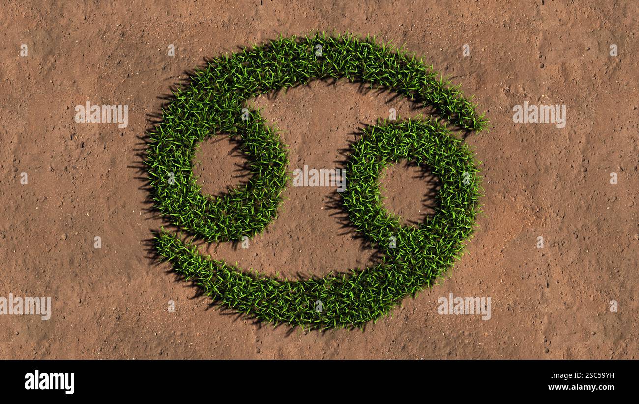 Concept concept vert conceptuel de la pelouse d'été forme de symbole sur le sol brun ou le fond de terre, signe du signe du zodiaque de cancer. symbole d'illustration 3d. Banque D'Images