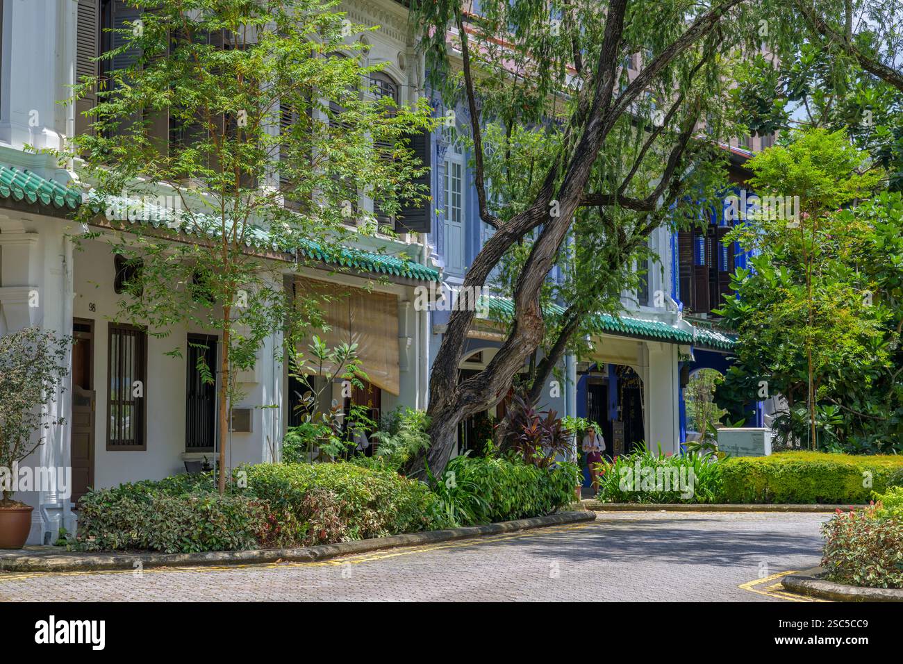 Des maisons historiques colorées bordent Emerald Hill Road à Singapour. Banque D'Images