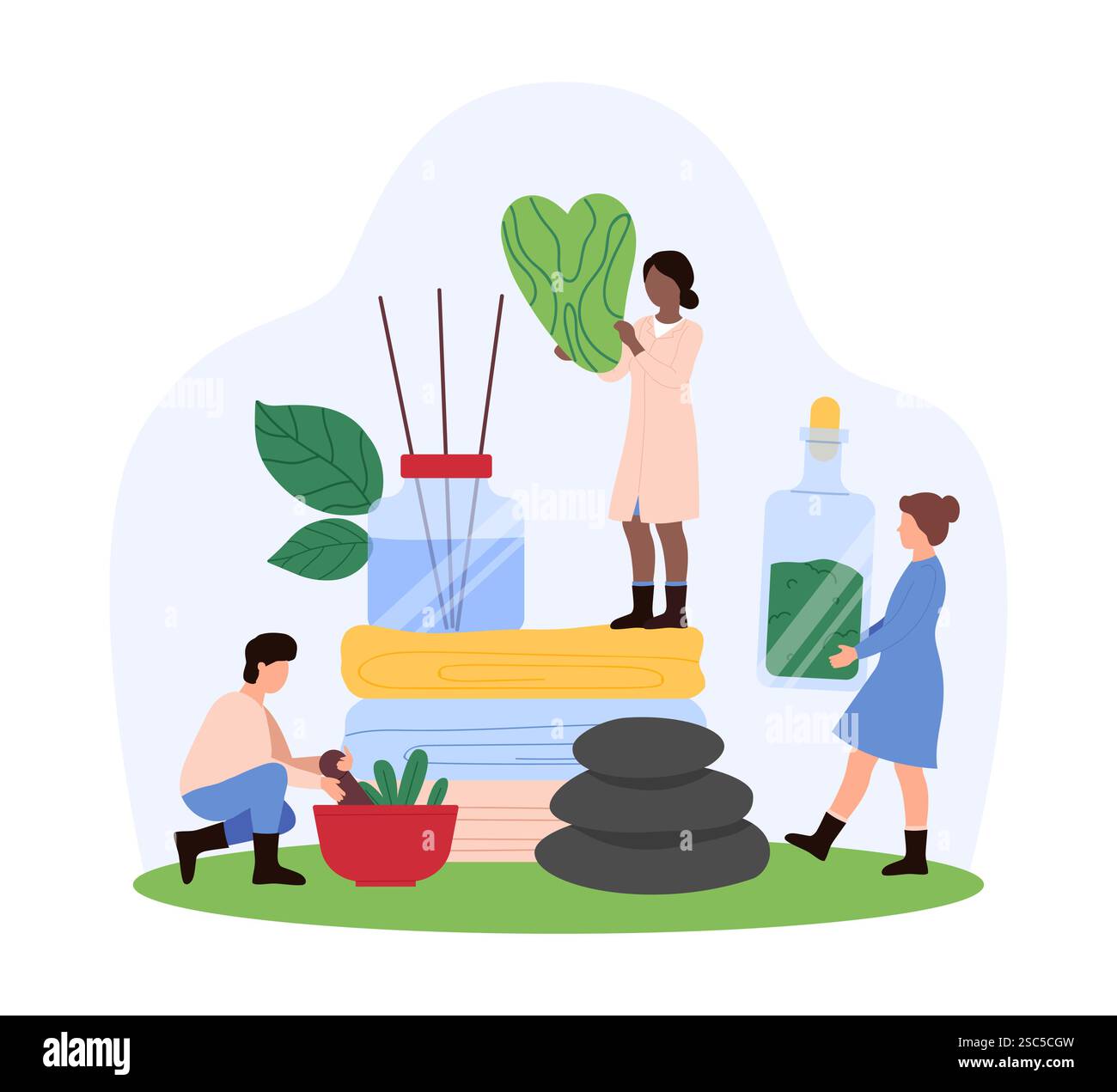 Minuscules personnes engagées dans des activités de spa, se concentrant sur la relaxation, le bien-être et les traitements de santé holistiques, mettant en évidence le massage et l'illustration vectorielle d'aromathérapie. Illustration de Vecteur