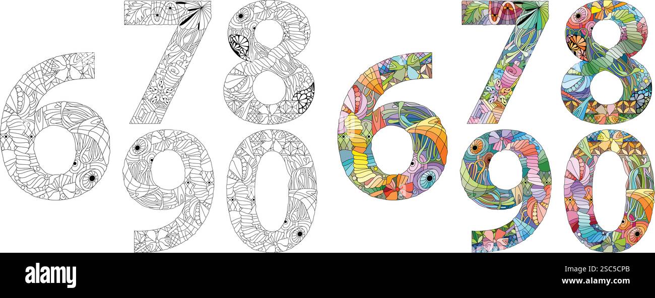 Décoration artistique peinte à la main. Illustration dessinée à la main pour la décoration. Numéroter zéro, six, sept, huit, neuf objets zentangle pour la coloration. Illustration de Vecteur