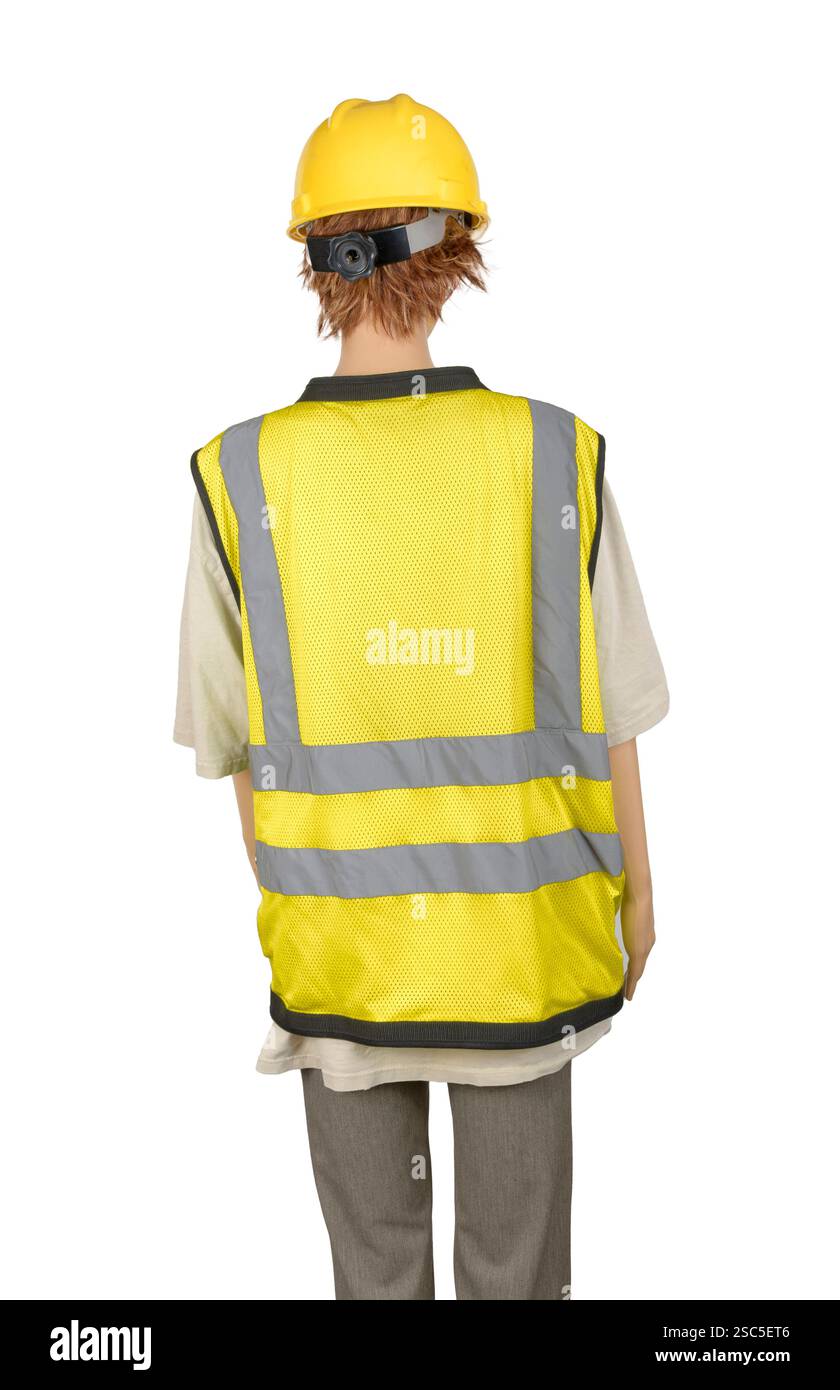Plan horizontal du dos d'un mannequin féminin en vêtements de construction et casque jaune avec espace de copie sur le gilet. Banque D'Images