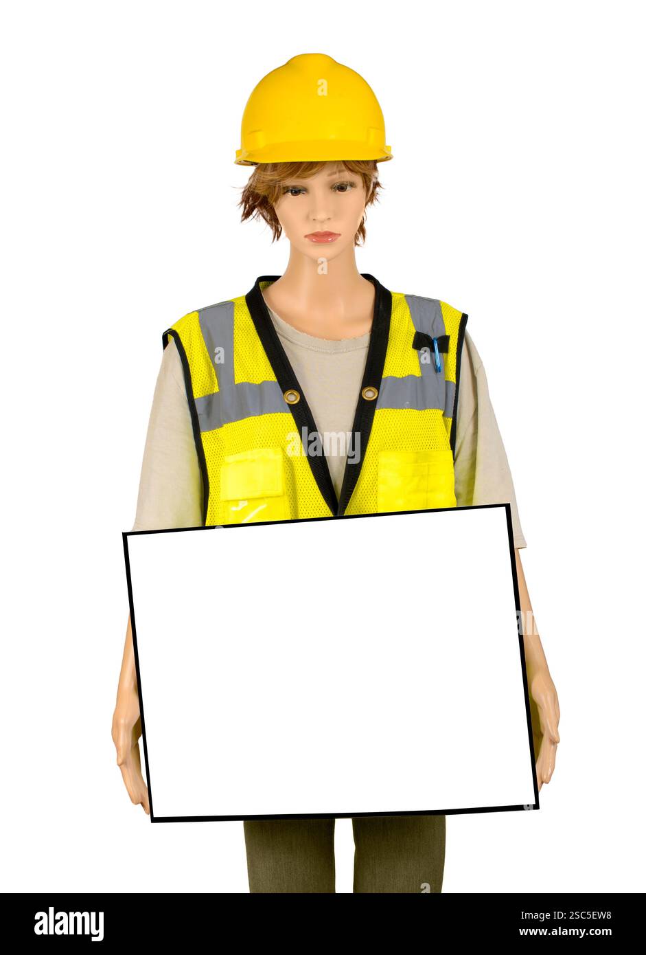 Plan vertical d'un mannequin féminin en tenue de construction tenant un signe vierge. Banque D'Images