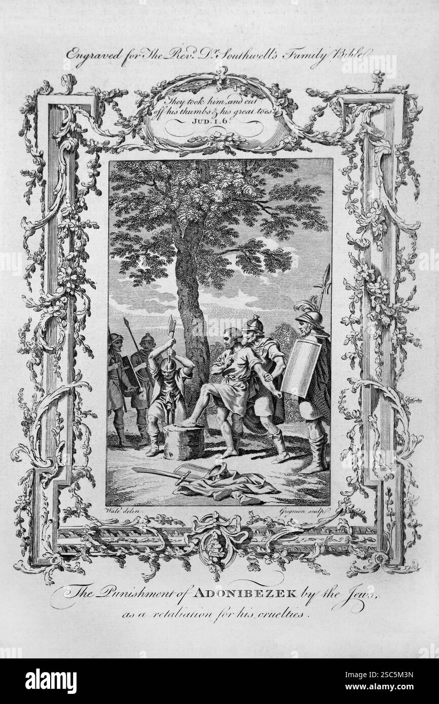 Gravure sur plaque de cuivre de la punition d'Adonibezek par les Juifs en représailles pour ses cruautés - le roi cananéen a été puni par couper le sien Banque D'Images