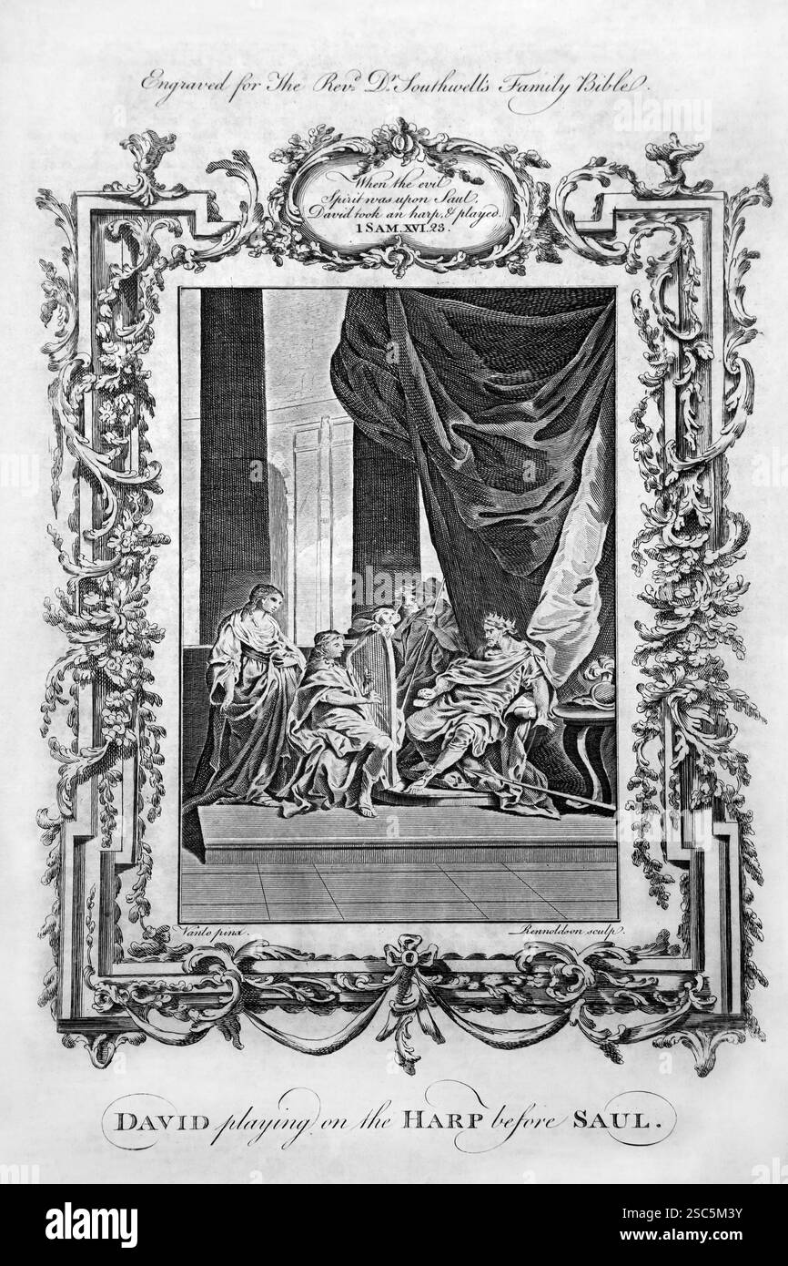 David a envoyé jouer la harpe pour le roi Saul pour l'apaiser quand le mauvais esprit vient sur lui ( Samuel) de Antique 1780 le révérend Dr Southwell's Fam Banque D'Images