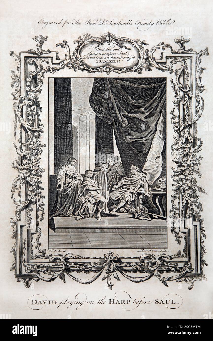 David a envoyé jouer la harpe pour le roi Saul pour l'apaiser quand le mauvais esprit vient sur lui ( Samuel) de Antique 1780 le révérend Dr Southwell's Fam Banque D'Images