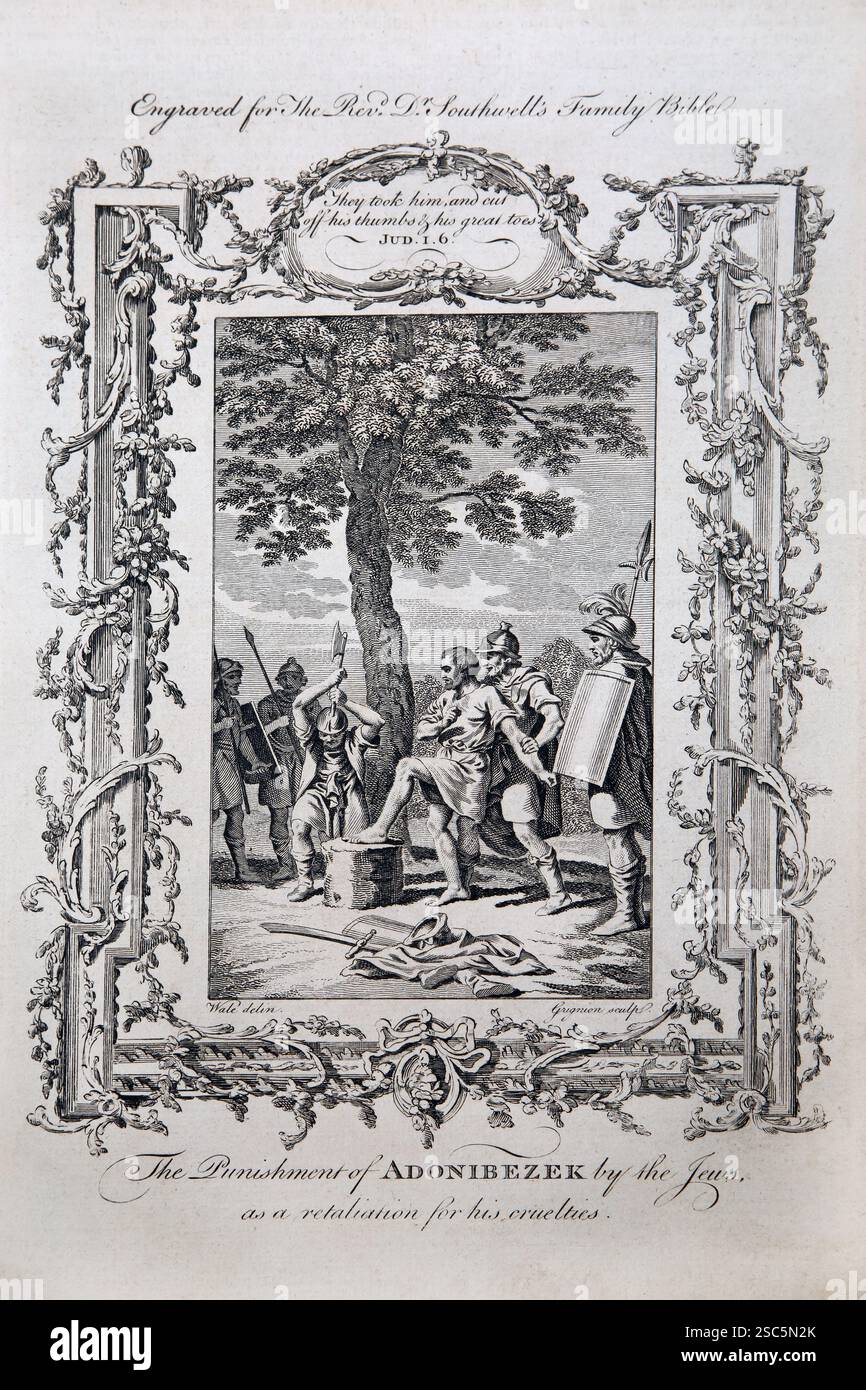 Gravure sur plaque de cuivre de la punition d'Adonibezek par les Juifs en représailles pour ses cruautés - le roi cananéen a été puni par couper le sien Banque D'Images