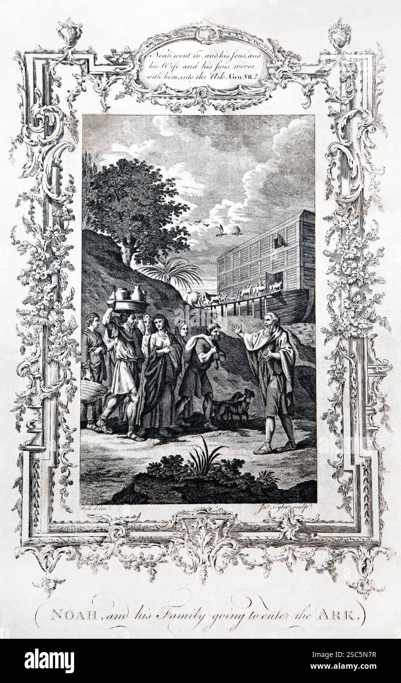 Gravure sur plaque de cuivre de Noé et de sa famille allant entrer dans l'Arche (Genèse) de l'Antiquité 1780 la Bible de la famille du révérend Dr Southwell (The Univers Banque D'Images