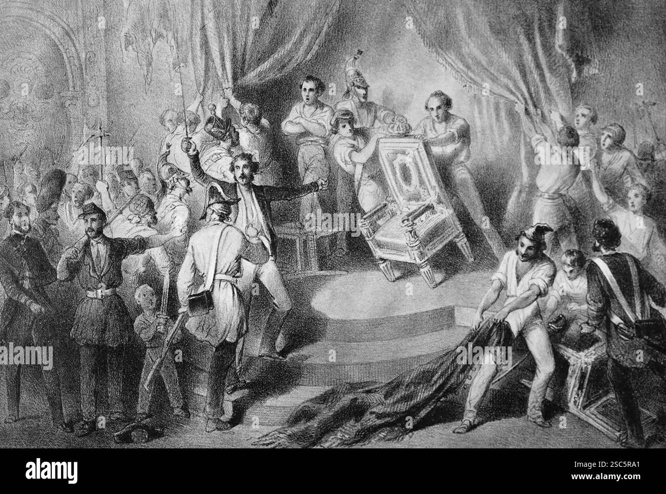 France. Paris. Révolution de 1848. 24 février. Scène dans la salle du trône des Tuileries. Gravure. 19e c. Banque D'Images
