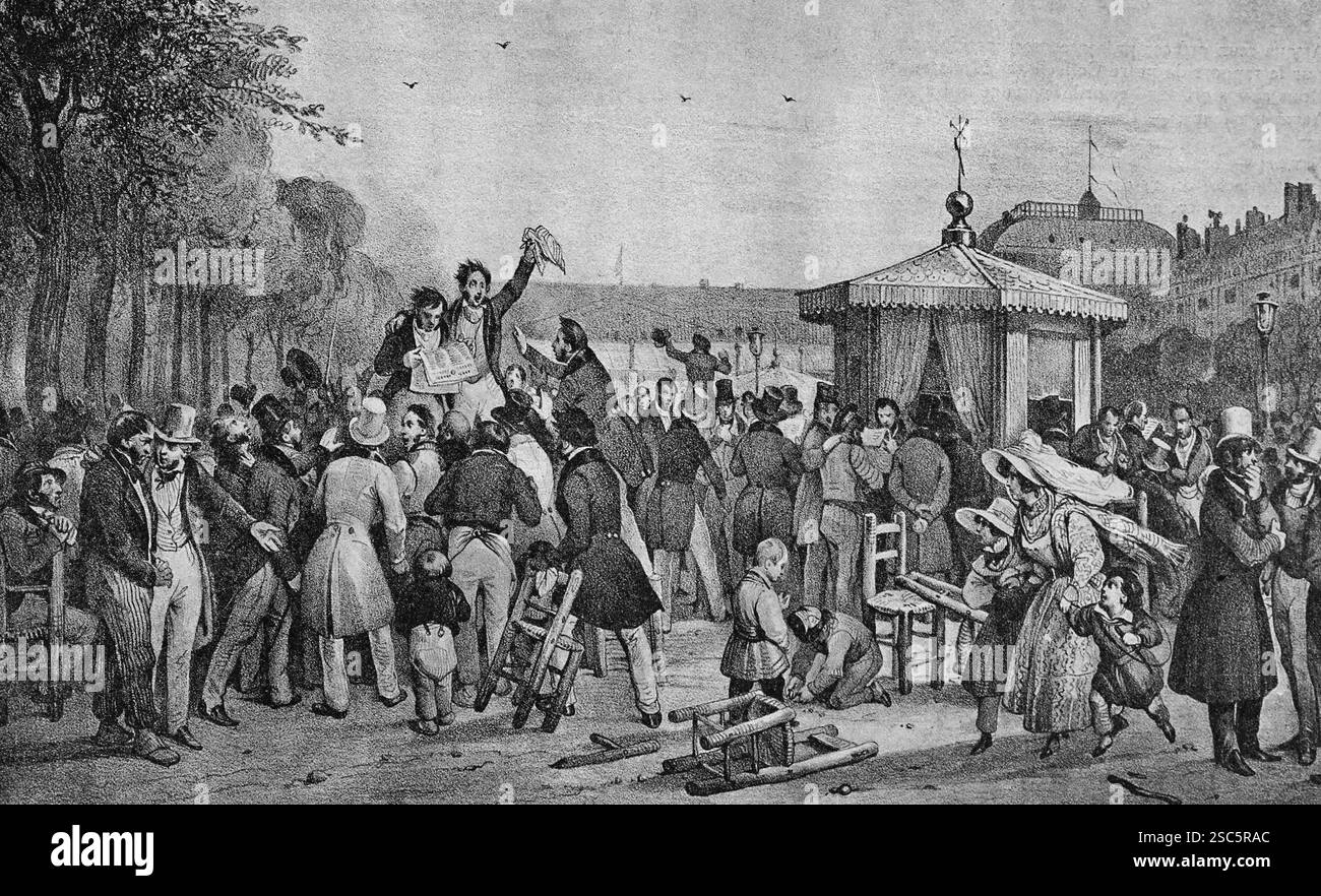 France. Paris. Révolution de 1830. 26 juillet. Lecture des ordonnances royales de Charles X au Palais royal. Lithographie par Adam. Banque D'Images