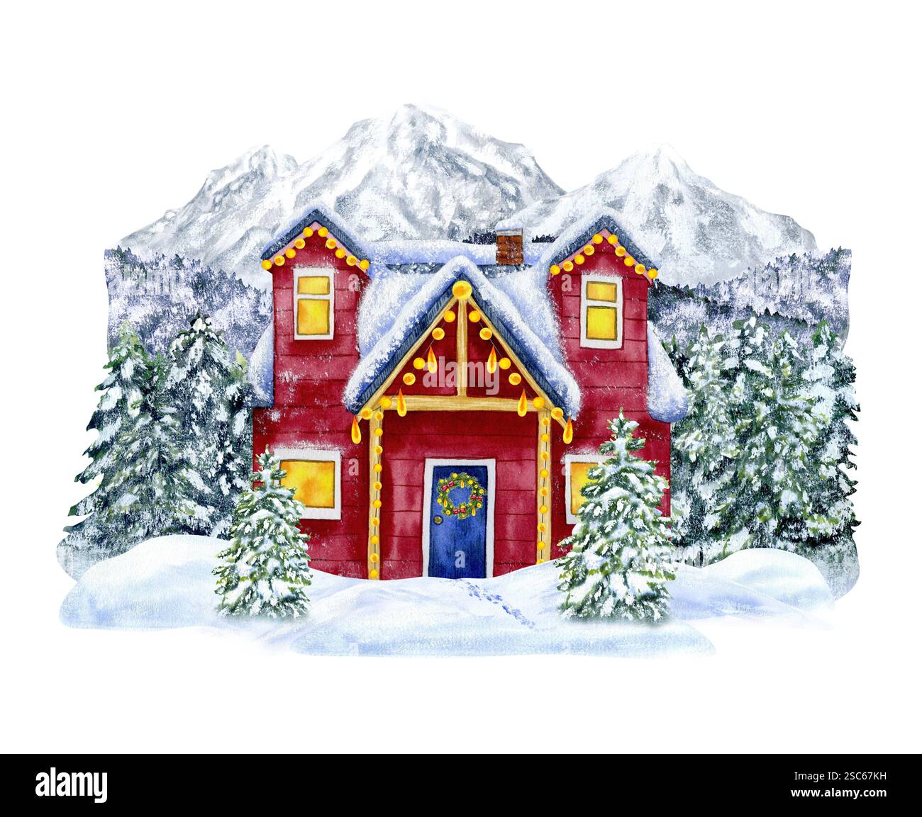 Paysage d'hiver de montagne avec forêt, arbres et maison décorée. Illustration d'aquarelle dessinée à la main isolée sur fond. Pour décor, cartes postales, pos Banque D'Images