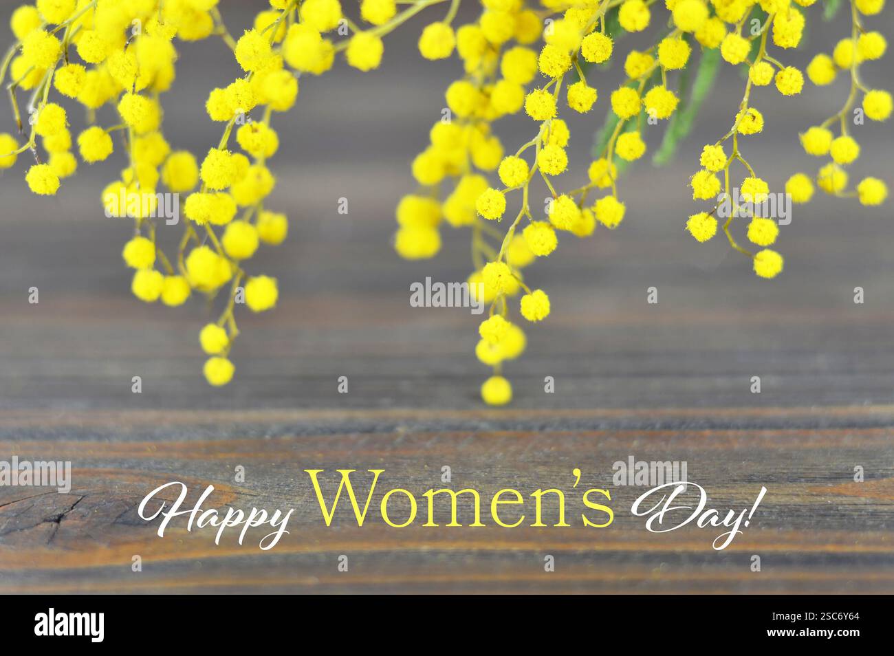 Carte de fête de la femme heureuse avec des fleurs de mimosa sur fond en bois Banque D'Images