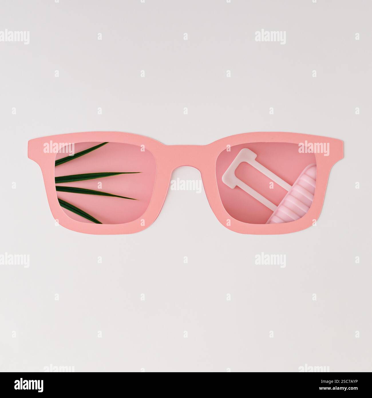 Feuille de palmier tropical et bagage rose visible à travers une découpe en forme de lunettes roses sur fond blanc. Concept de voyage minimaliste et élégant. Banque D'Images