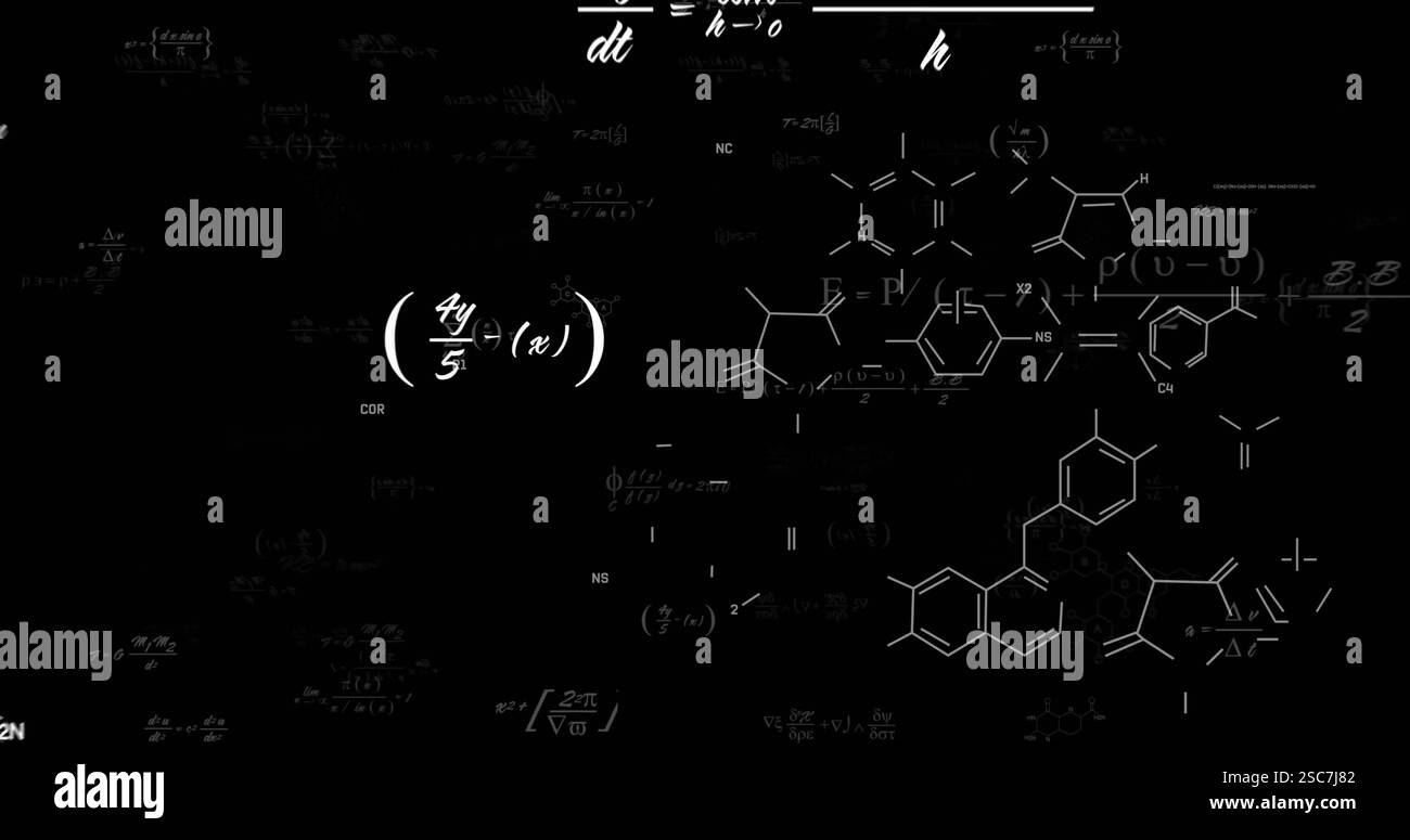 Les formules chimiques et les structures moléculaires apparaissent sur fond noir Banque D'Images