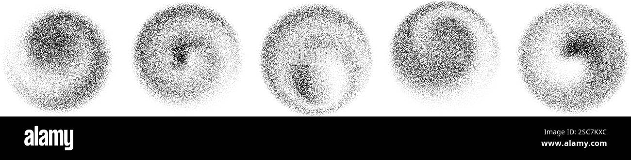 Dégradés en spirale en pointillés. Ensemble d'objets tourbillonnants noirs pointillés. Collection de cercles de pulvérisation granuleux. Des éclaboussures d'ondes sonores et des éclaboussures se forment. Dissolution de la texture de poussière de sable. Eléments demi-teintes à évanouissement vectoriel Illustration de Vecteur