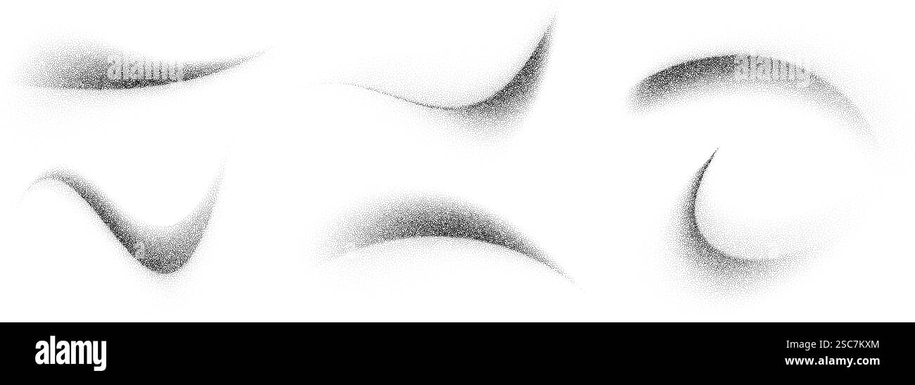 Jeu de coups de pinceau incurvés pointillés. Collection d'éléments de pulvérisation à grains ondulés. Pack éclaboussures de sable noir coulant. Faisceau d'ombres à gradient de bruit en pointillé. Ondes texturées de particules de poussière éclaboussées. Vecteur Illustration de Vecteur