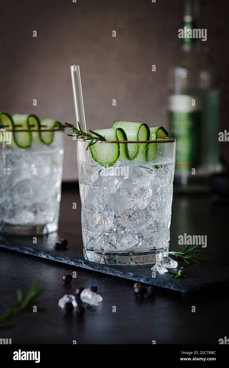 Gin tonic avec tranches de concombre et brins de thym Banque D'Images
