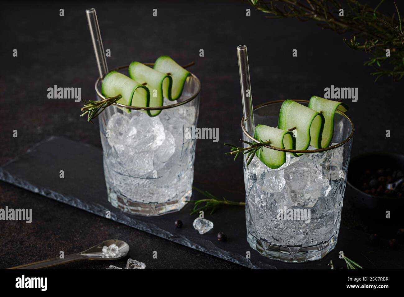 Gin tonic avec tranches de concombre et brins de thym Banque D'Images
