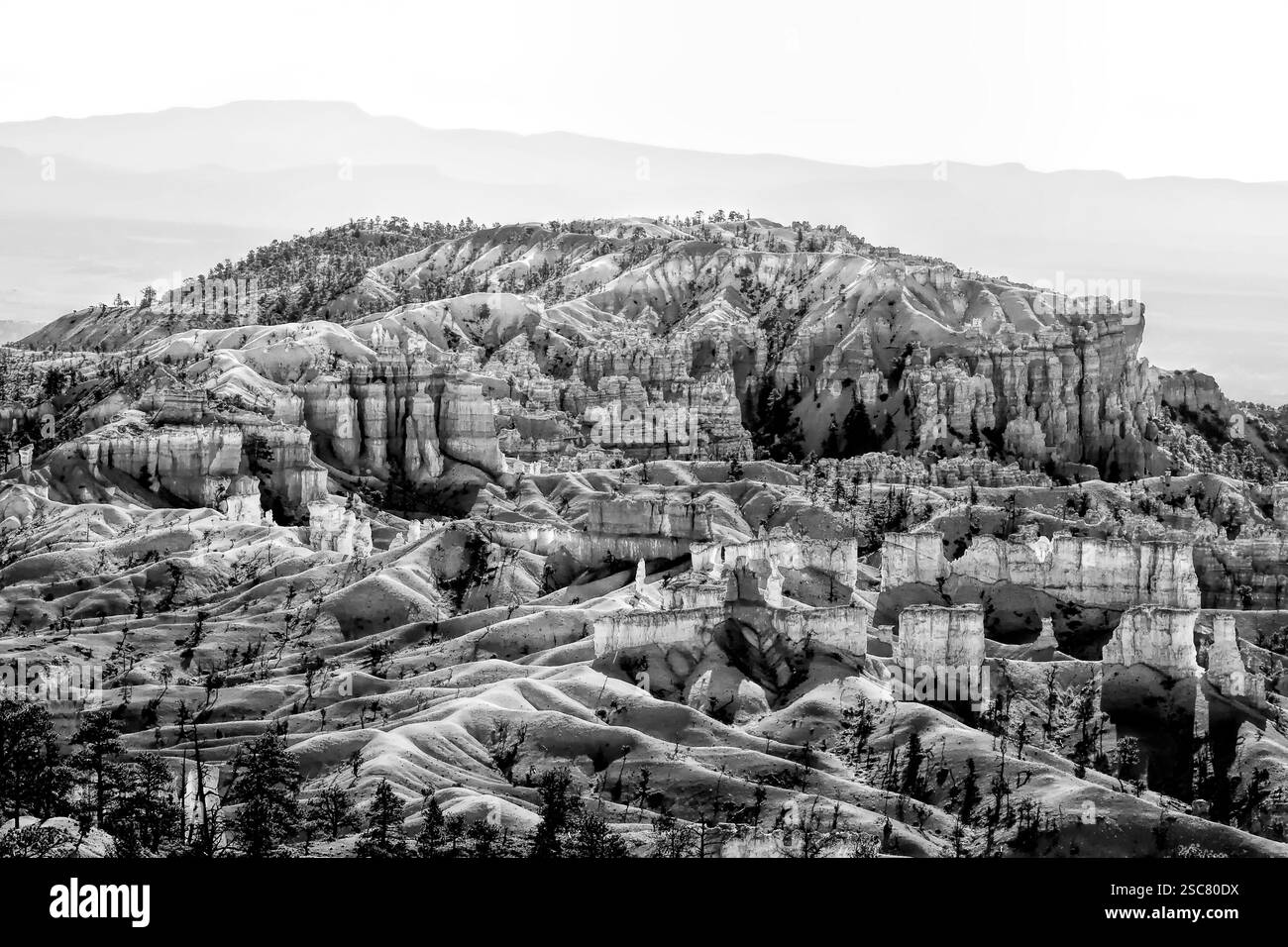 Une chaîne de montagnes avec un terrain rocheux. Les montagnes sont couvertes d'arbres. Le ciel est nuageux Banque D'Images