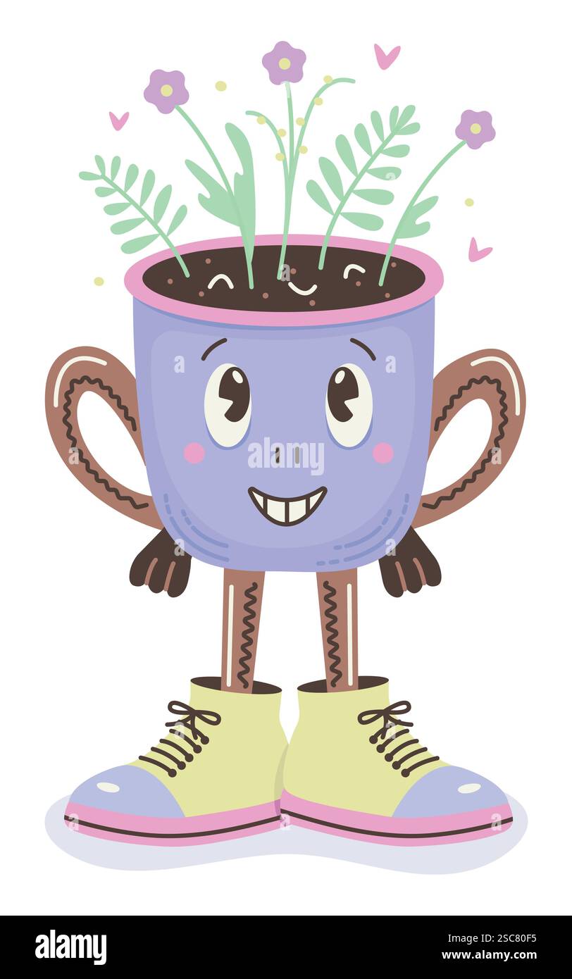Personnage de tasse à café groovy, pot fantaisiste avec des plantes, doodle vecteur de couleur, dessin animé ludique à la mode d'un petit homme dans de grandes chaussures Illustration de Vecteur