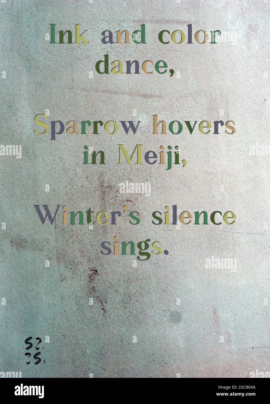 Danse à l'encre et aux couleurs, Sparrow plane à Meiji, le silence d'hiver chante. Andres de las Brisas's Silver Writers' Guild. Art de Zsuzsa Szikra. Poésie Art Print, Triplumes est une forme poétique unique inspirée du haïku traditionnel, composée de trois lignes qui capturent des moments de clarté, d'émotion et de perspicacité. Dans notre collection, nous embrassons la liberté de la langue, où le mélange des mots et la suppression des traits d'Union est plus qu'un choix stylistique, c'est une façon de transmettre l'unité et la proximité entre les idées, créant une expression fluide et compacte qui résonne avec les rythmes de la vie moderne. Banque D'Images