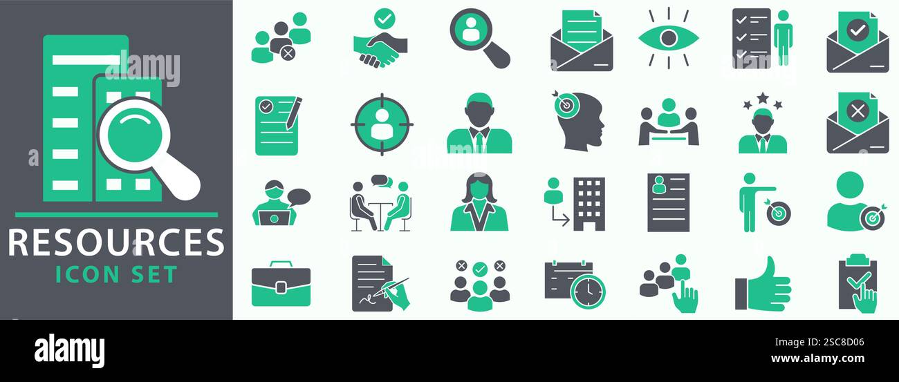 Ressources humaines, jeu d'icônes. Recherche d'emploi et recherche d'employés. Entretien et recrutement, définir des icônes. travail d'équipe, gens d'affaires. définir les icônes vectorielles illustra Illustration de Vecteur