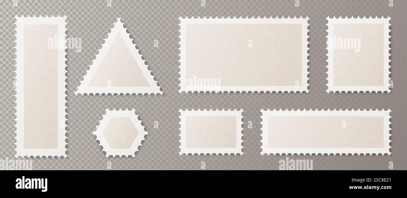 Cadres de timbres de cartes postales dans différentes formes géométriques - rectangle vertical et horizontal, triangle, hexagone avec bordures perforées blanches. Vintage mail, philatélie ou scrapbooking éléments de conception. Illustration de Vecteur