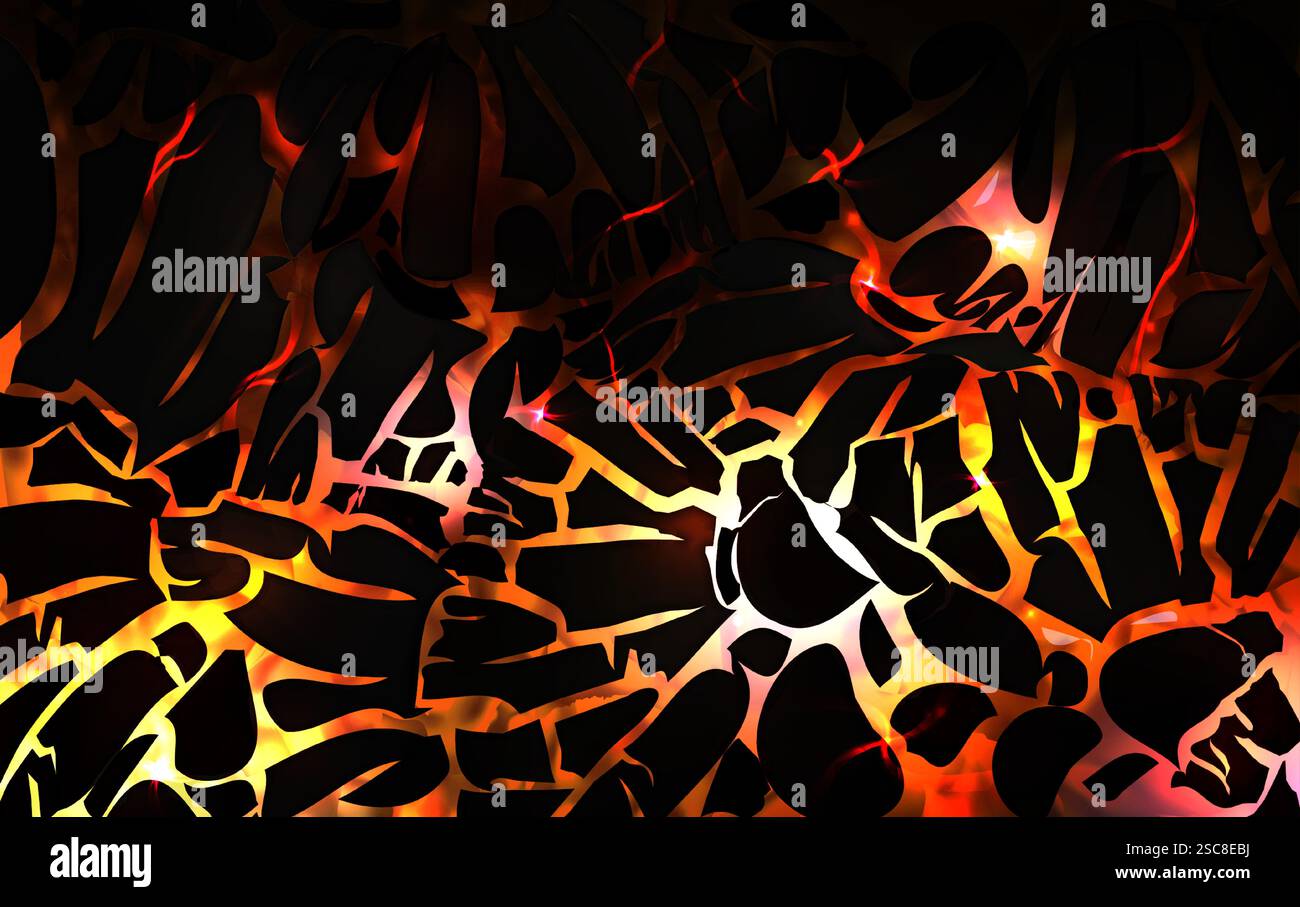 Motif de fissures de lave - fissures jaunes rouges incandescentes à travers une surface sombre, texture volcanique abstraite avec des effets de lumière fondue, fond de fractures brûlantes. Design de texture de feu orange de jeu Fantasy. Illustration de Vecteur