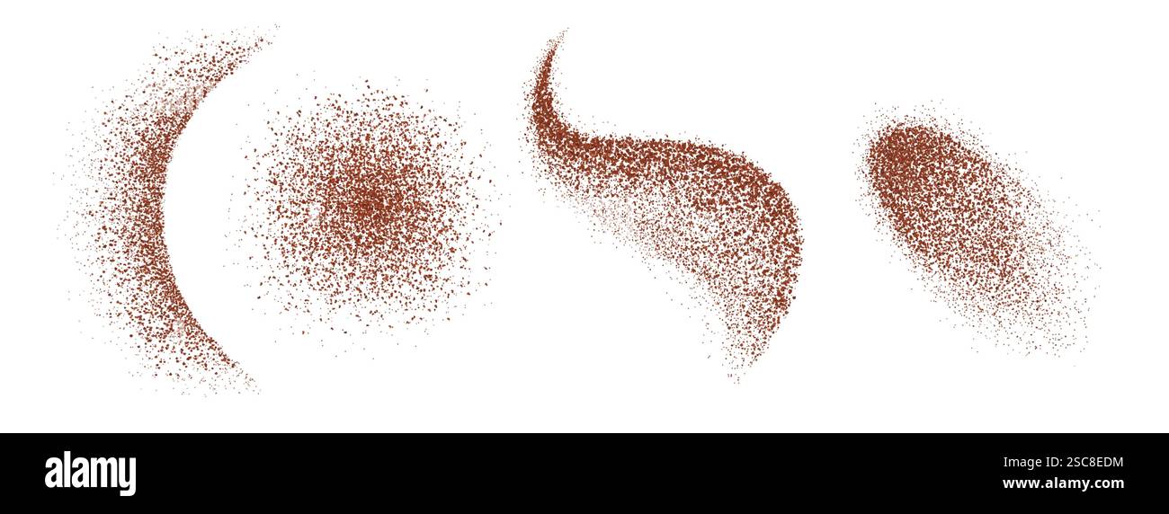 Poudre de poivre rouge dispersée dans diverses formes - strie courbée, nuage rond dispersé, silhouette de vague et patch ovale sur fond blanc. Arrangements de particules D'épices broyées pour la conception culinaire. Illustration de Vecteur