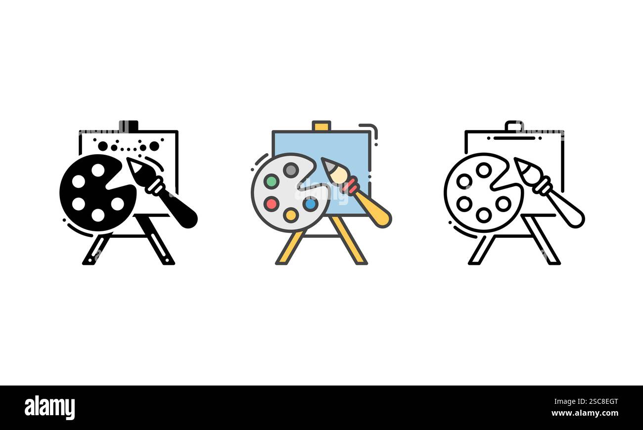 Icône vectorielle des outils de peinture avec un pinceau, une palette de couleurs et une toile - représentant le passe-temps de la peinture et de la créativité artistique. Illustration de Vecteur