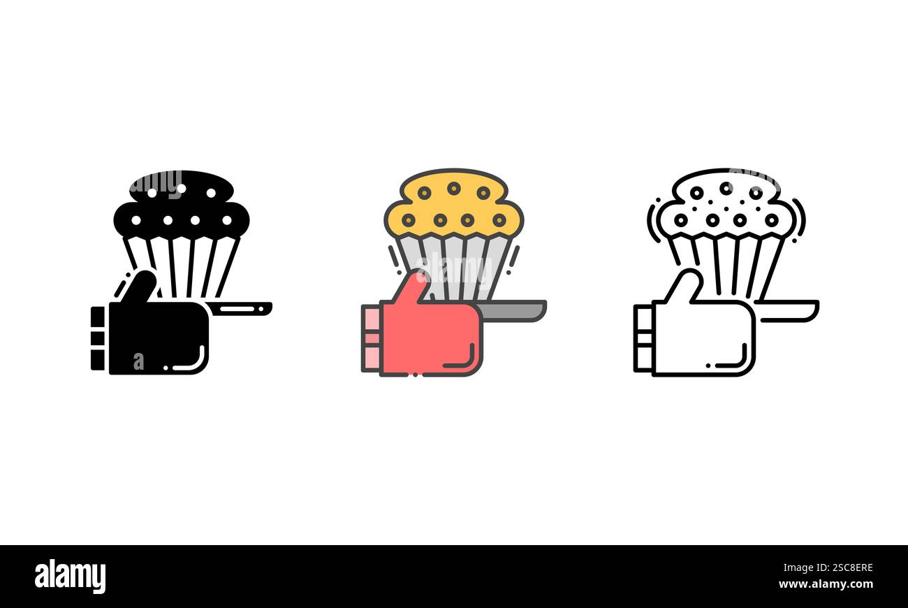 Icône de cuisson vectorielle avec un cupcake et un gant de cuisson, symbolisant le passe-temps de la cuisson et de la pâtisserie. Contour, glyphe et style de contour plein Illustration de Vecteur