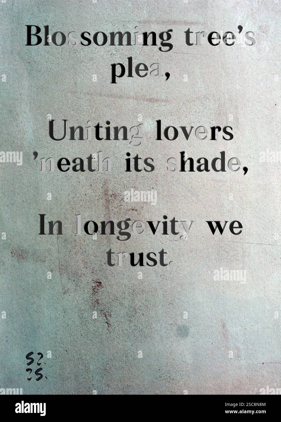 Le plaidoyer de l'arbre fleuri, unissant les amoureux 'neath son ombre, dans la longévité que nous avons confiance. Guilde des écrivains d'argent de Thaddeus Northcote. Art de Zsuzsa Szikra. Poésie Art Print, Triplumes est une forme poétique unique inspirée du haïku traditionnel, composée de trois lignes qui capturent des moments de clarté, d'émotion et de perspicacité. Dans notre collection, nous embrassons la liberté de la langue, où le mélange des mots et la suppression des traits d'Union est plus qu'un choix stylistique, c'est une façon de transmettre l'unité et la proximité entre les idées, créant une expression fluide et compacte qui résonne avec les rythmes de la vie moderne. Banque D'Images