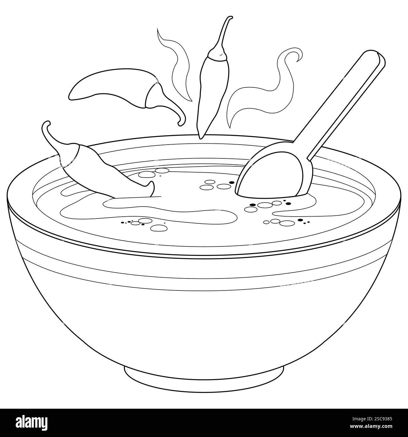 Bol de soupe chaude au Chili. Soupe épicée au Chili et cuillère avec des piments. Coloriage noir et blanc. Banque D'Images