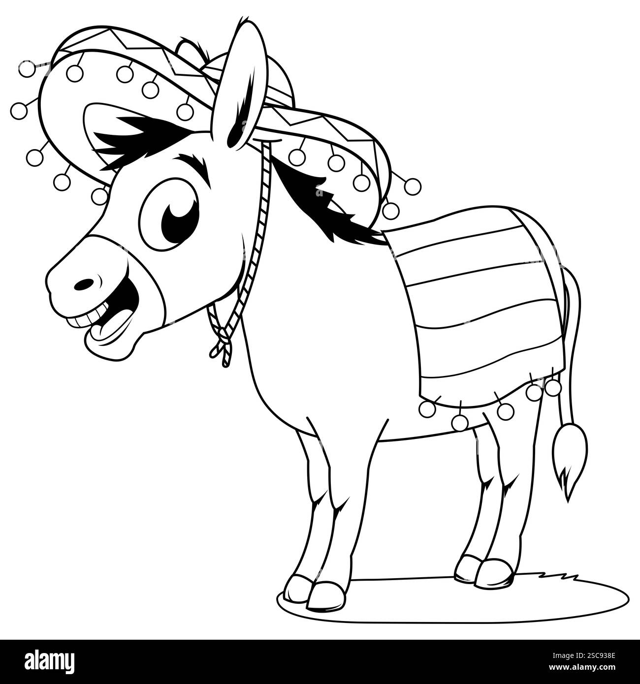 Âne mexicain de dessin animé. Drôle de dessin animé mariachi âne avec chapeau sombrero. Coloriage noir et blanc. Banque D'Images